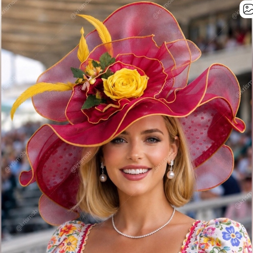 Kentucky Derby Hat Ky Oaks Organza Feather Pink Polka Dot and Yellow Floral Hat